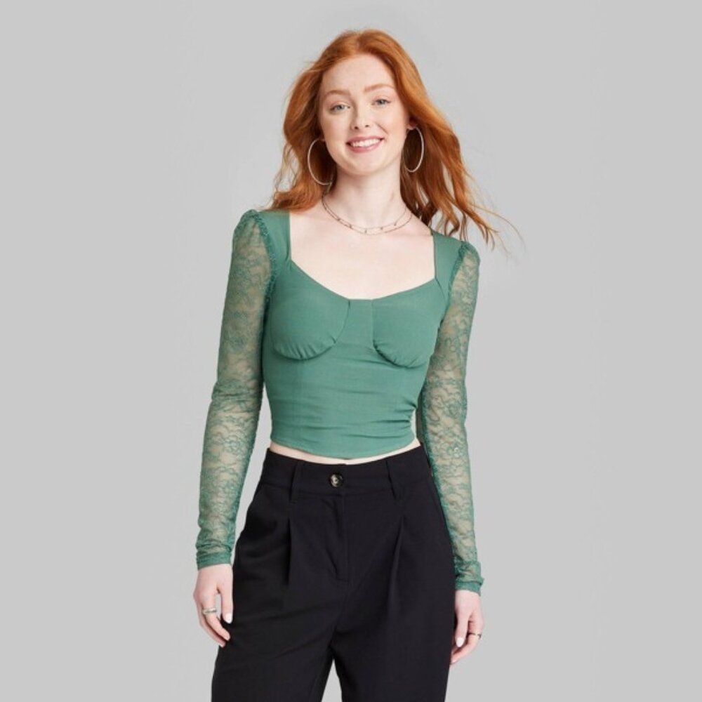 NWT Long Sleeve Lace Bustier Top ~ Wild Fable Green Large